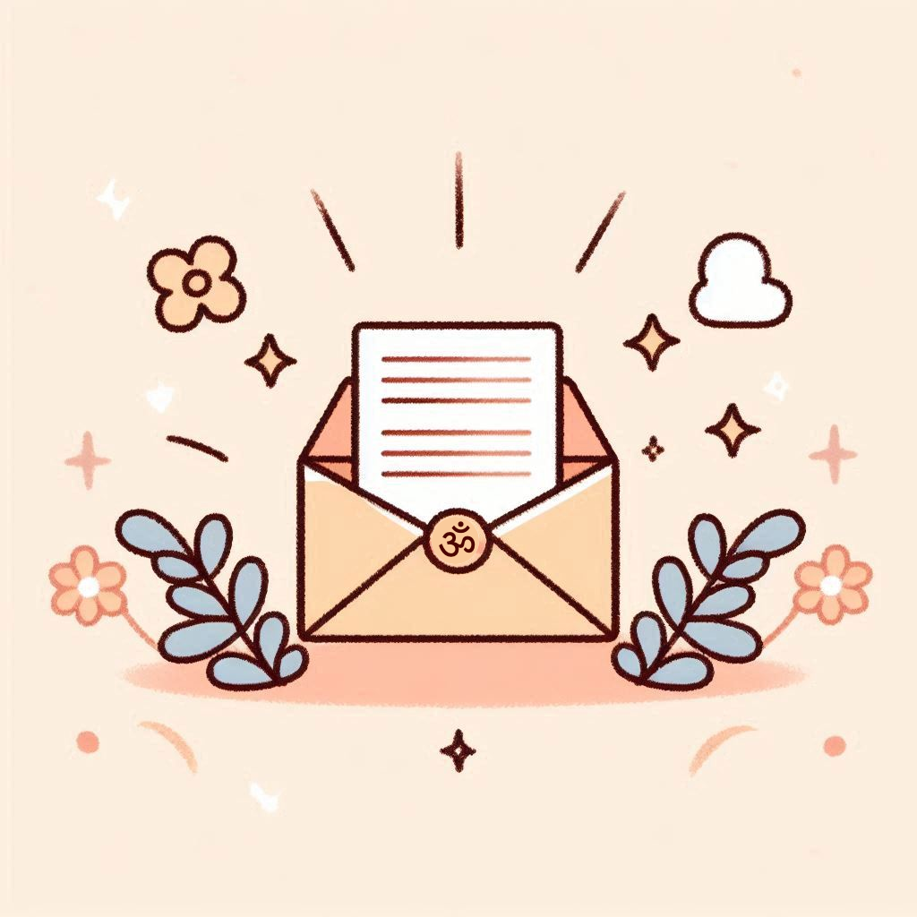 Drawing of letter in open envelope surrounded by flowers, a small cloud.