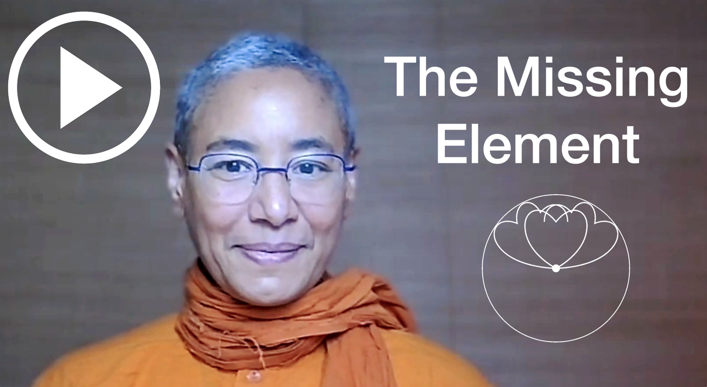 video thumbnail of Swami Dhyanananda smiling with text 'the missing element' over a holistic symbol and a play button