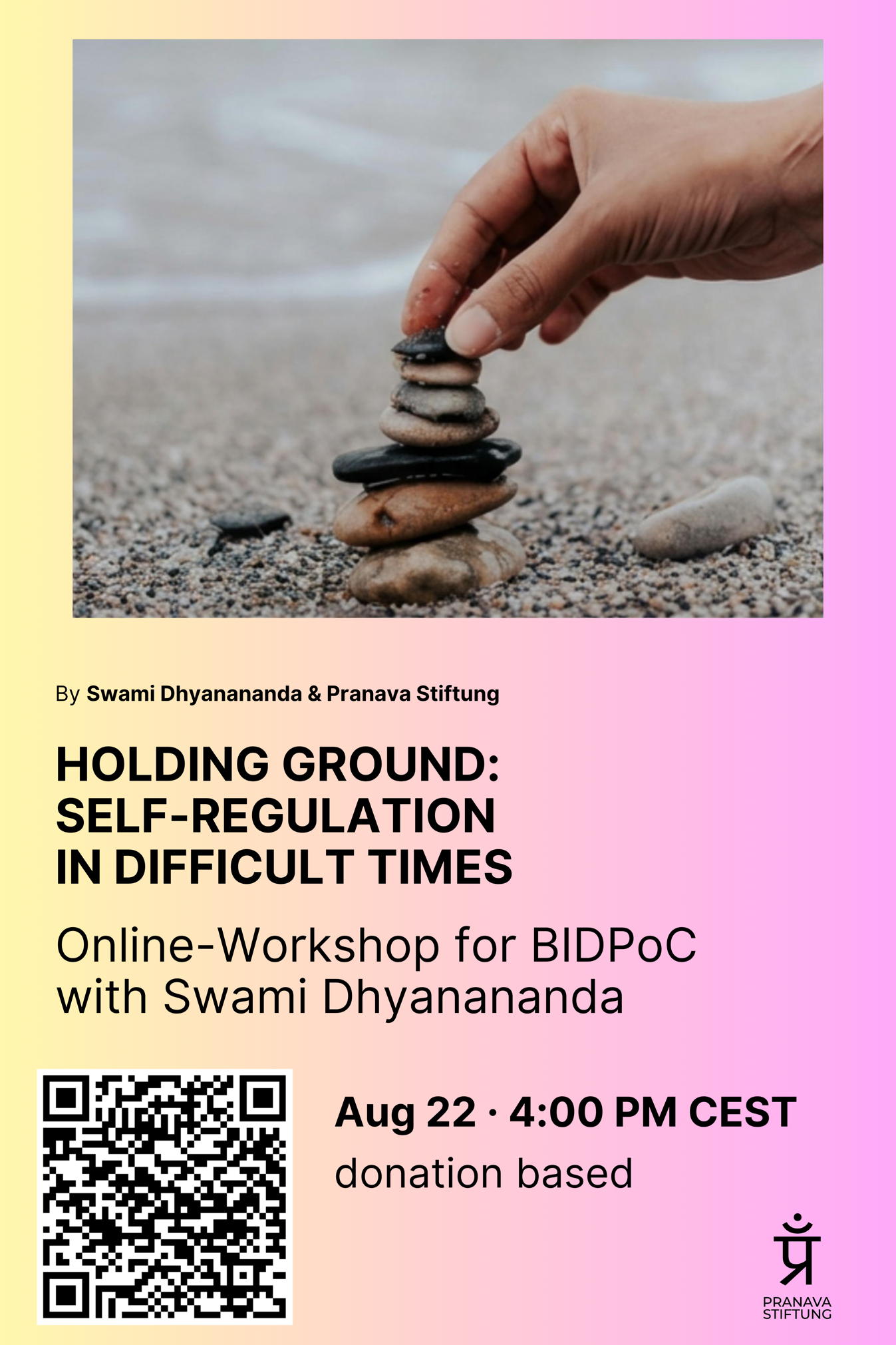 workshop flyer: photo of person of color's hand at the beach making a small flat stone pyramid